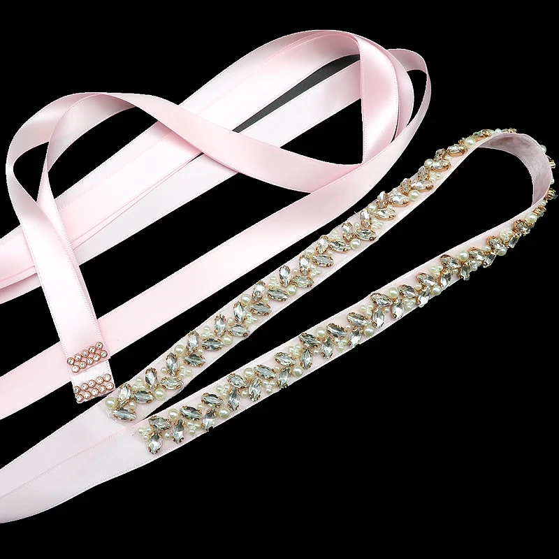 

High Quality Rose Gold Silver Pearl Beaded Rhinestone Bridal Sash Crystal Applique Iron on Satin Ribbon Wedding Belts