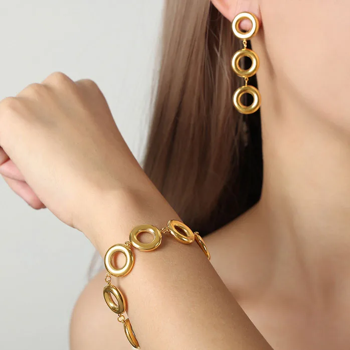 

Minimalist Style Circular Jewelry Stainless Steel 1.5CM Hollowed Gold Plated Circle Ring Earring Bracelet Non Fading