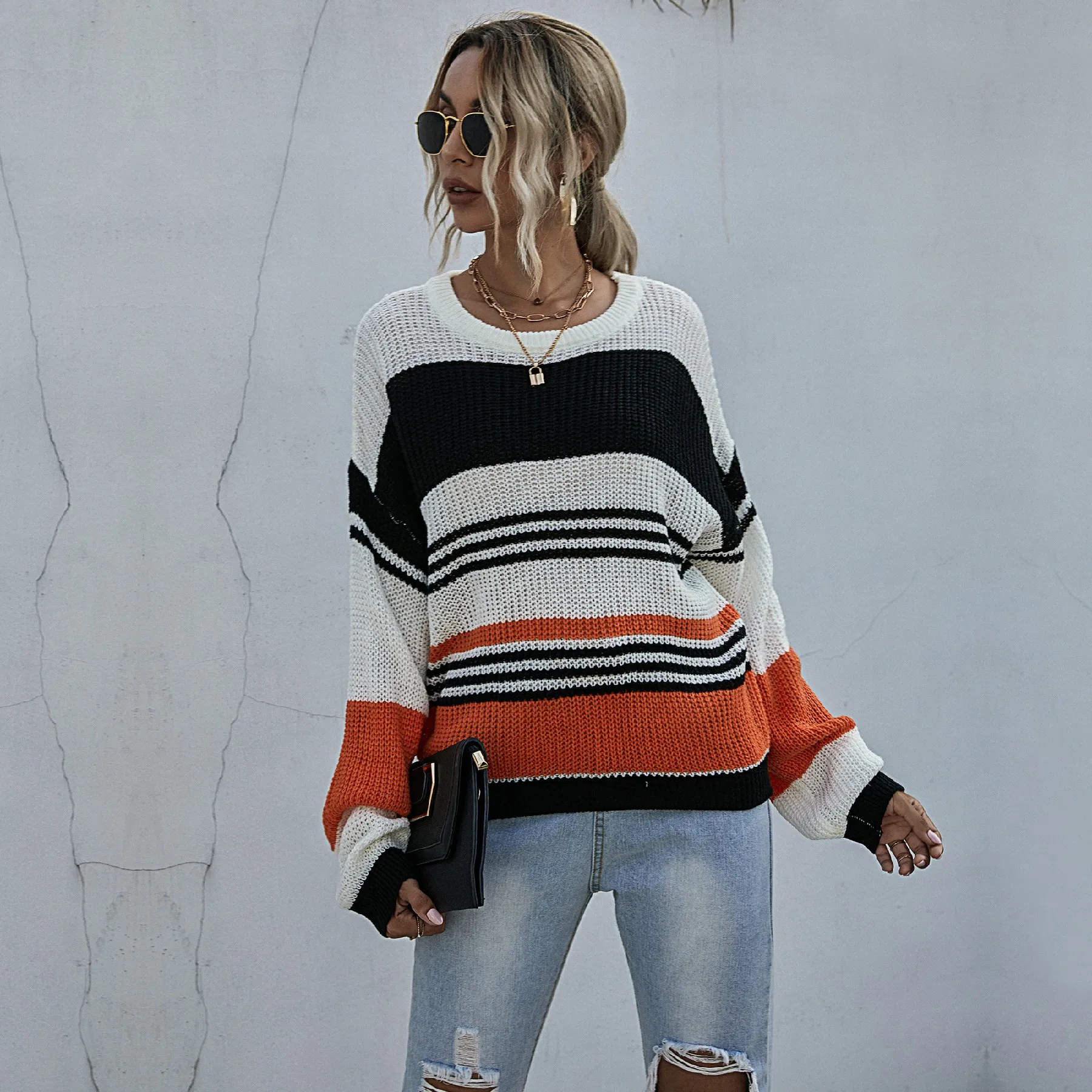 

2021 ladies winter sweater in bulk striped pullover ladies knitted sweater