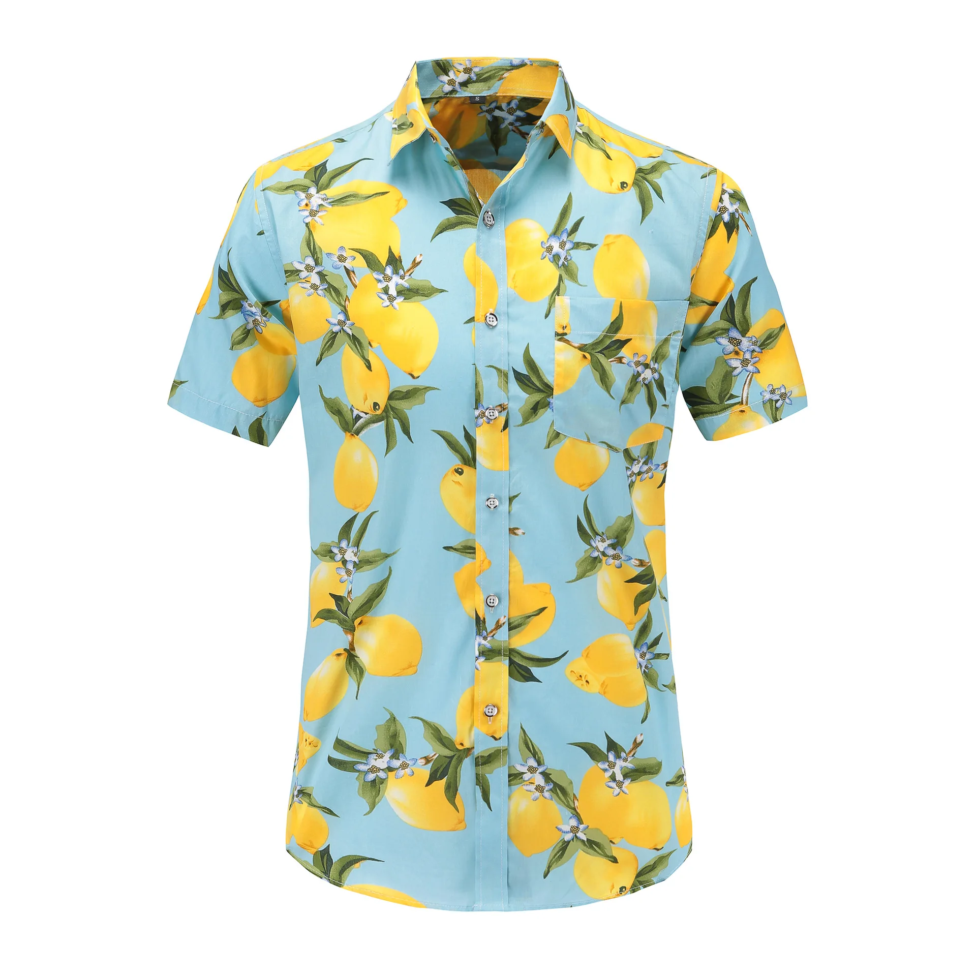 

RTS Polyester Cotton Blended Tropical Fruits Summer Plain Printed Short Sleeve Men Hawaiian Beach Shirts