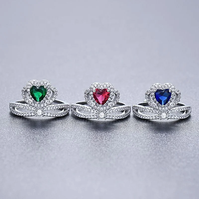 

2021 New Arrived Fashion Jewelry Heart Colored Gems Sapphire Crown Crystal Women Queen Ring, Blue, green,red