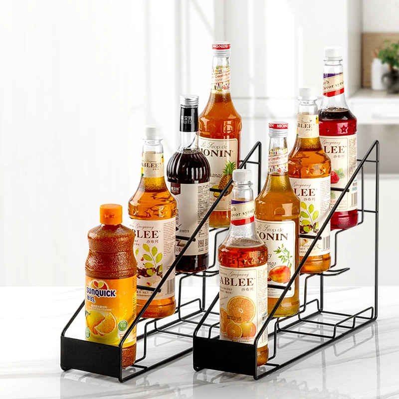 

Kitchen Countertops 4 Tier Wall Mounted Water Bottle Holder Syrup Bottle Storage Rack, Black or as your requests