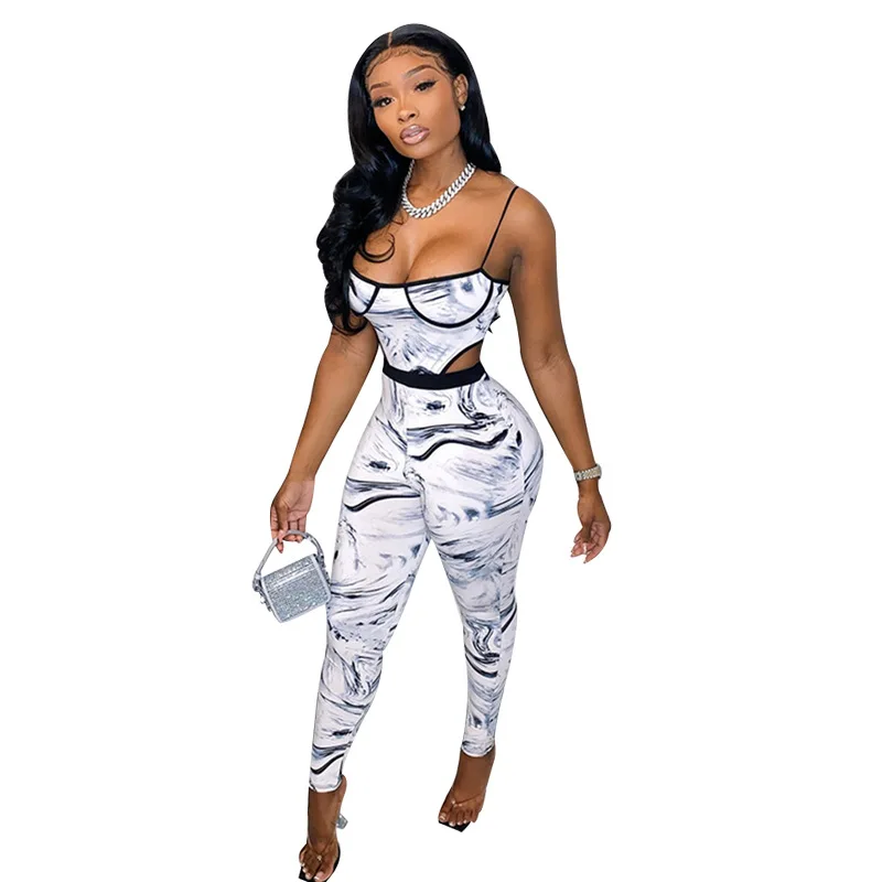 

2021 Fashion Summer Jumpsuits Newest Tie-Dye Printing Sling Graphic Jumpsuit Connection Open Hollow Out Waist Sling Jumpsuit, White