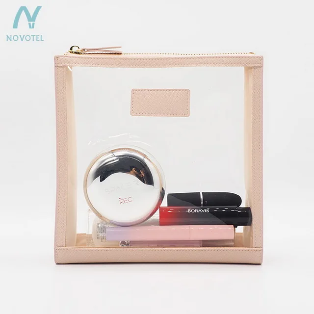 

Custom printed square pink color eco saffiano leather clear cosmetic bag with zip, Brown, red, customized color