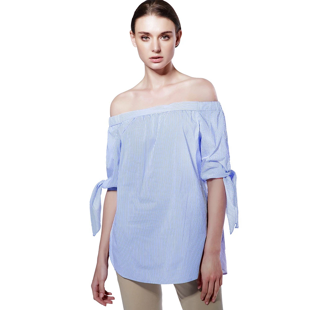 

2021 summer beautiful blue white stripe petal sleeve office lady formal work casual shirt loose off shoulder blouse for women