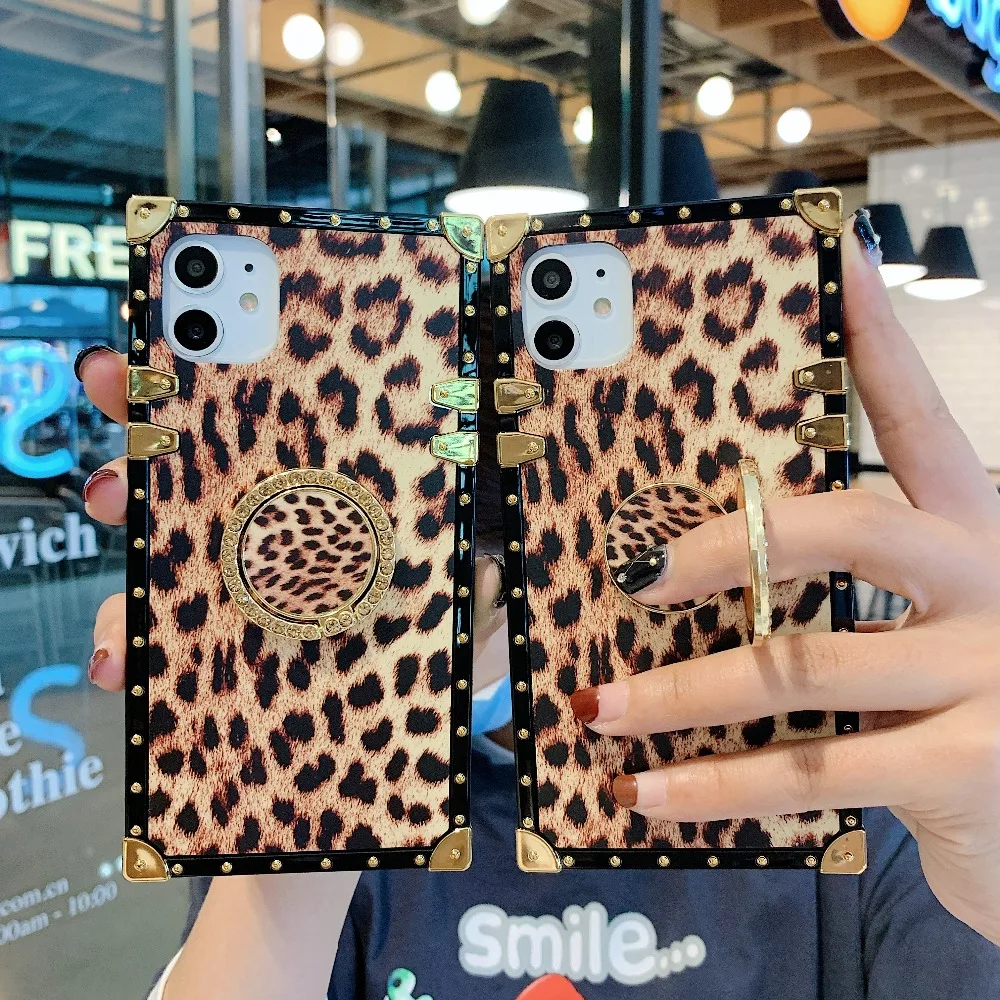 

Square Snake Skin Diamond Stand Phone Case for iPhone 12 Pro Max 11 12 mini Classic Leopard Phone Case with Phone Holder, 3color for choose