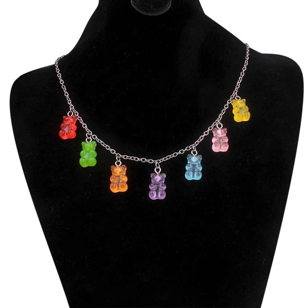 

Fashion Resin Multicolor Transparent Bear Necklace Cute Candy Color Women Gummy Bear cuban Pendant Necklace