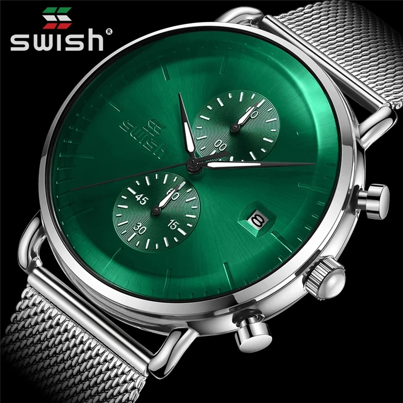 

SWISH New Fashion Green Mens Watches Top Brand Luxury Waterproof Sports Men Silver Relogio Masculino Chronograph Quartz Watch