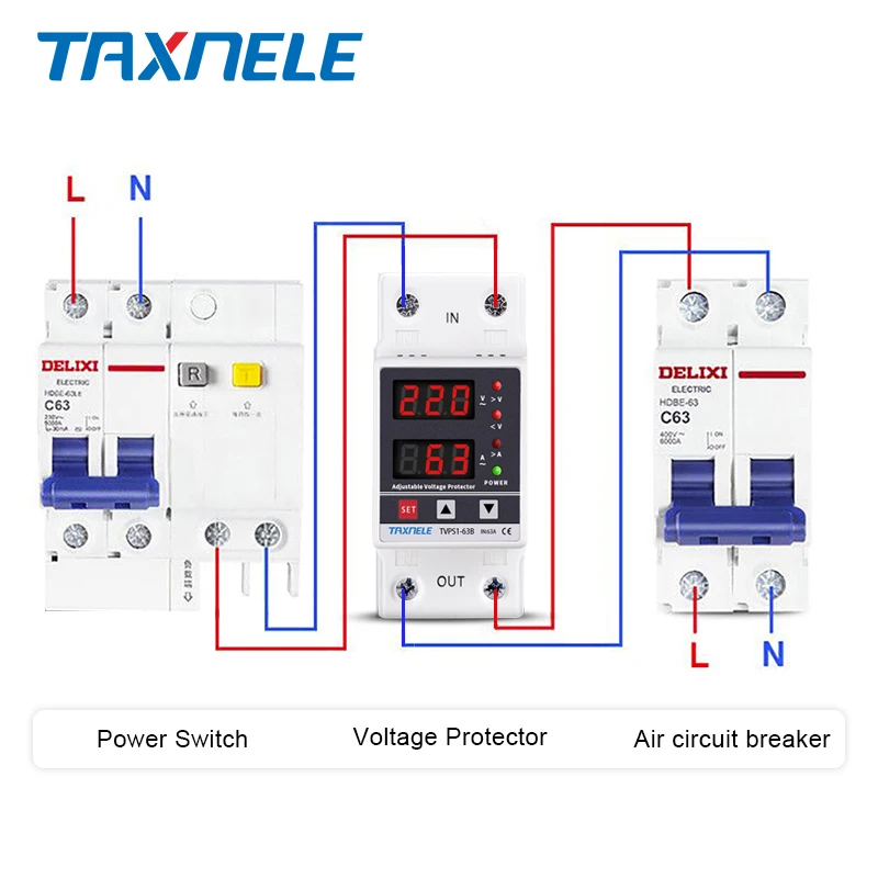 
63A 230V Din rail adjustable over under voltage protective protector relay protection, digital electric voltage protector 