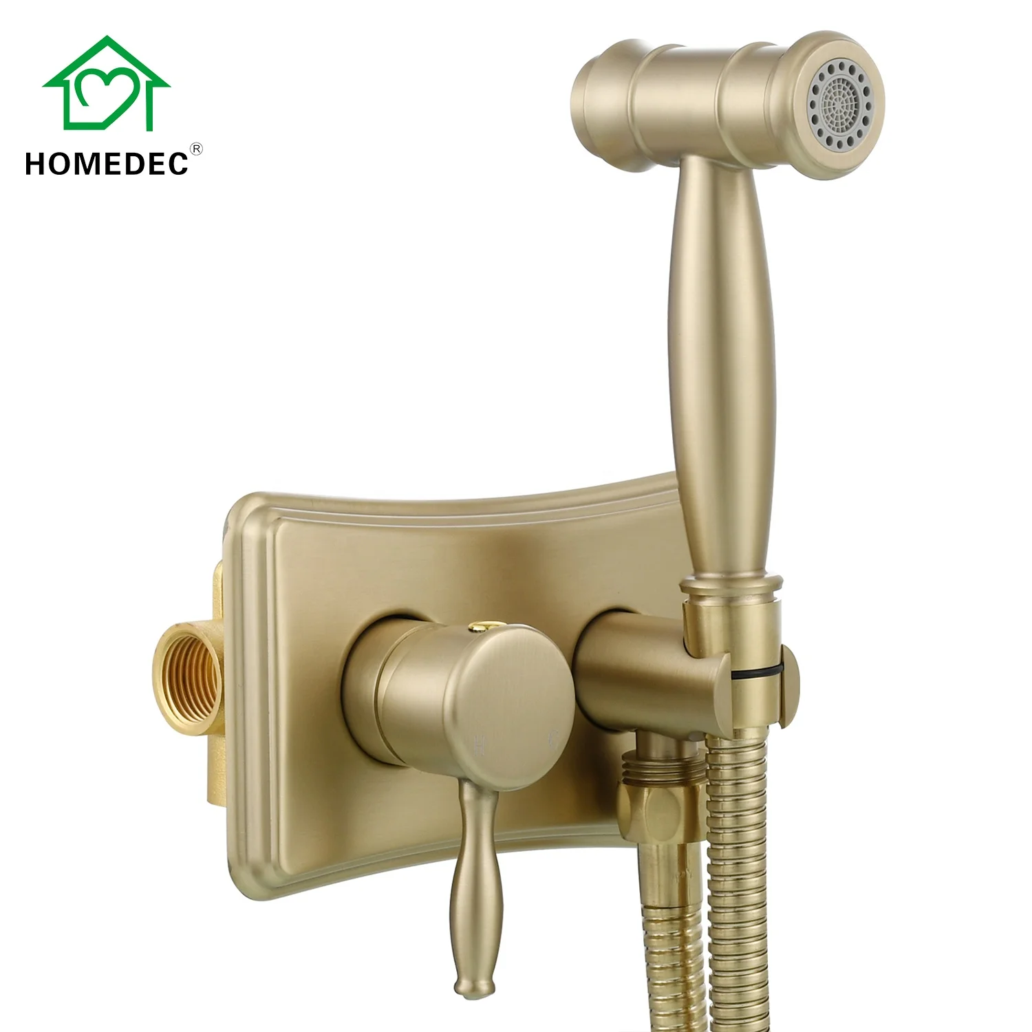 

Modern Hot and Cold Mixer Handheld Bidet Sprayer Set Brushed Gold Toilet Sprayer Kit with Hose