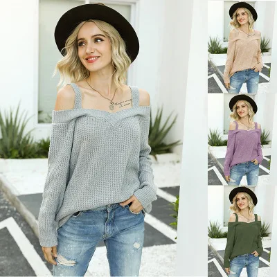 

New Sweaters Fashion Women 2020 Autumn Pullover Sexy V Neck Cold Shoulder Casual Solid Loose Long Sleeve Top Jumper