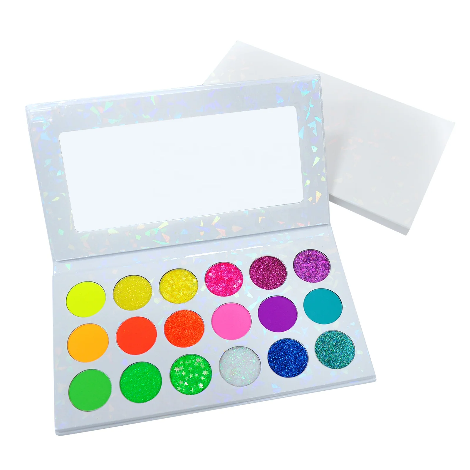

Makefay Cosmetics NEW wholesale private label 18 color neon high pigmented glitter makeup eyeshadow palette, 18 colors