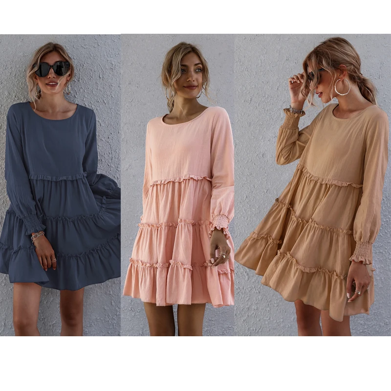 

2021 In Stock Autumn Fall Cotton Dress Women O Neck Pink Navy Khaki Long Sleeve Ruffled Flare Midi Dresses Women Casual Summer