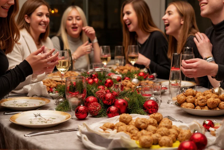 Party table setting with slow cooker meatballs surrounded by holiday decorations and guests enjoying the appetizer