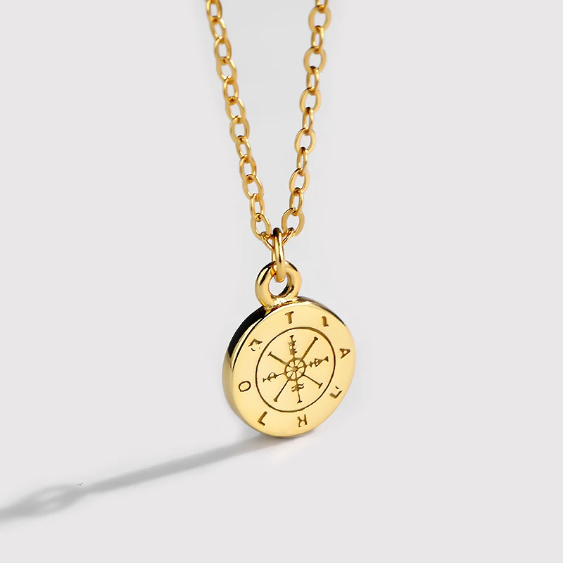 

F346 Minimalist Compass Necklace 925 Sterling Silver Round Coin Necklace