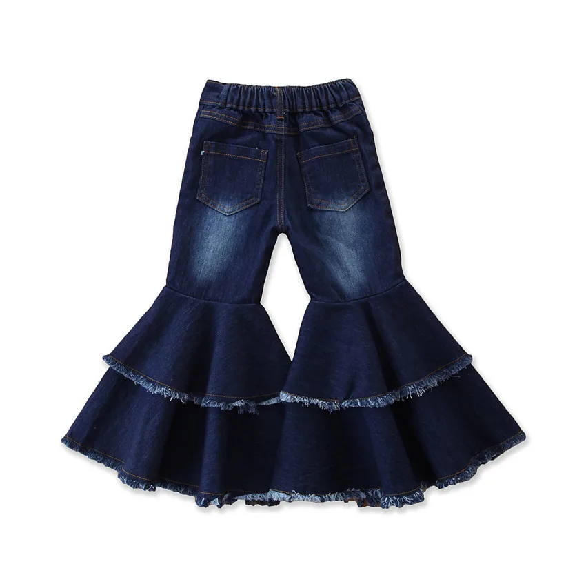 

RTS children kids denim wide leg flare bell bottom pants girls boutique bell ruffle pants with pockets wholesale girl jeans, Many colors for you to choose
