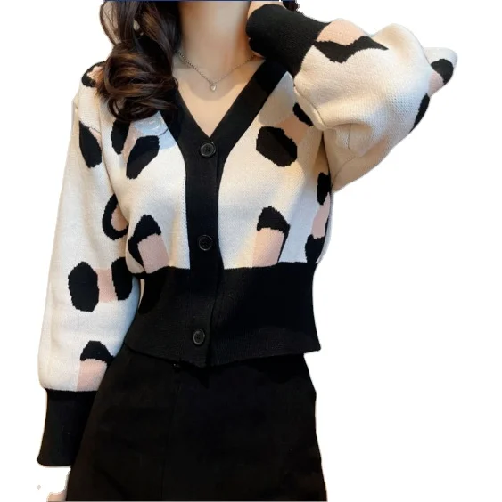 

Global hot selling graphic leopard spot knit cardigan women's slim V-neck long-sleeved sweater jacket women