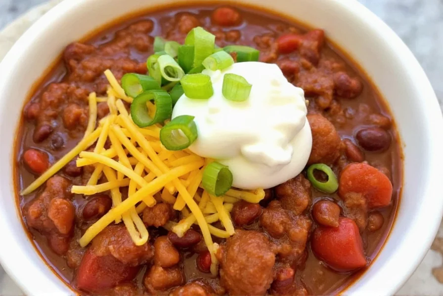 Finished crockpot chili served in bowl with toppings including sour cream, shredded cheese, and green onions