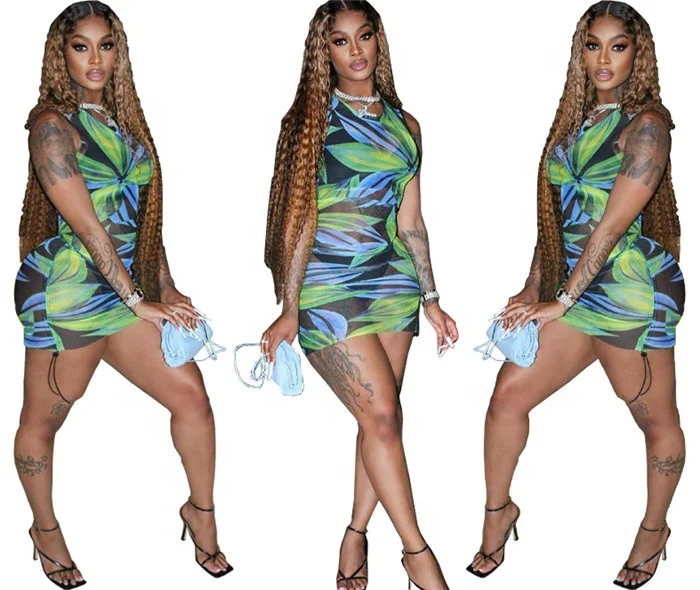 

2021 Summer Hot Selling Sleeveless Printed See Through Mesh Sexy Mini Dress