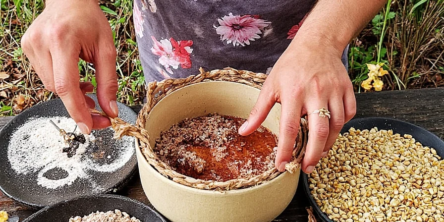 Tropical fruits with black spices arranged beautifully