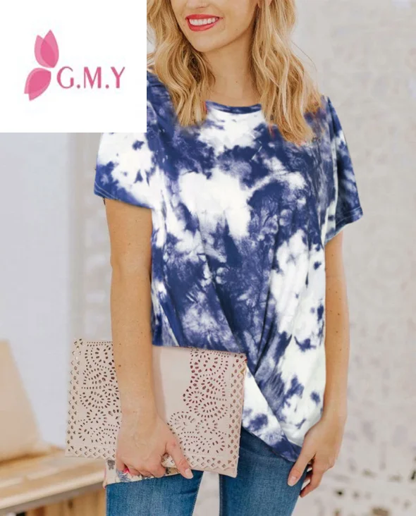 

2020 New Styles Womens Casual O-Neck Short Sleeve Tie Dye Twist Front T-Shirts Tops