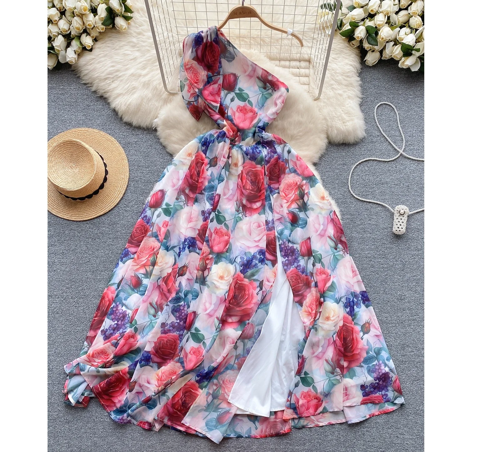 

Sleeveless V-neck Print A-line Dress Summer Asymmetric Chiffon Maxi Dress Ladies Casual Dress Clothes Women Wholesale