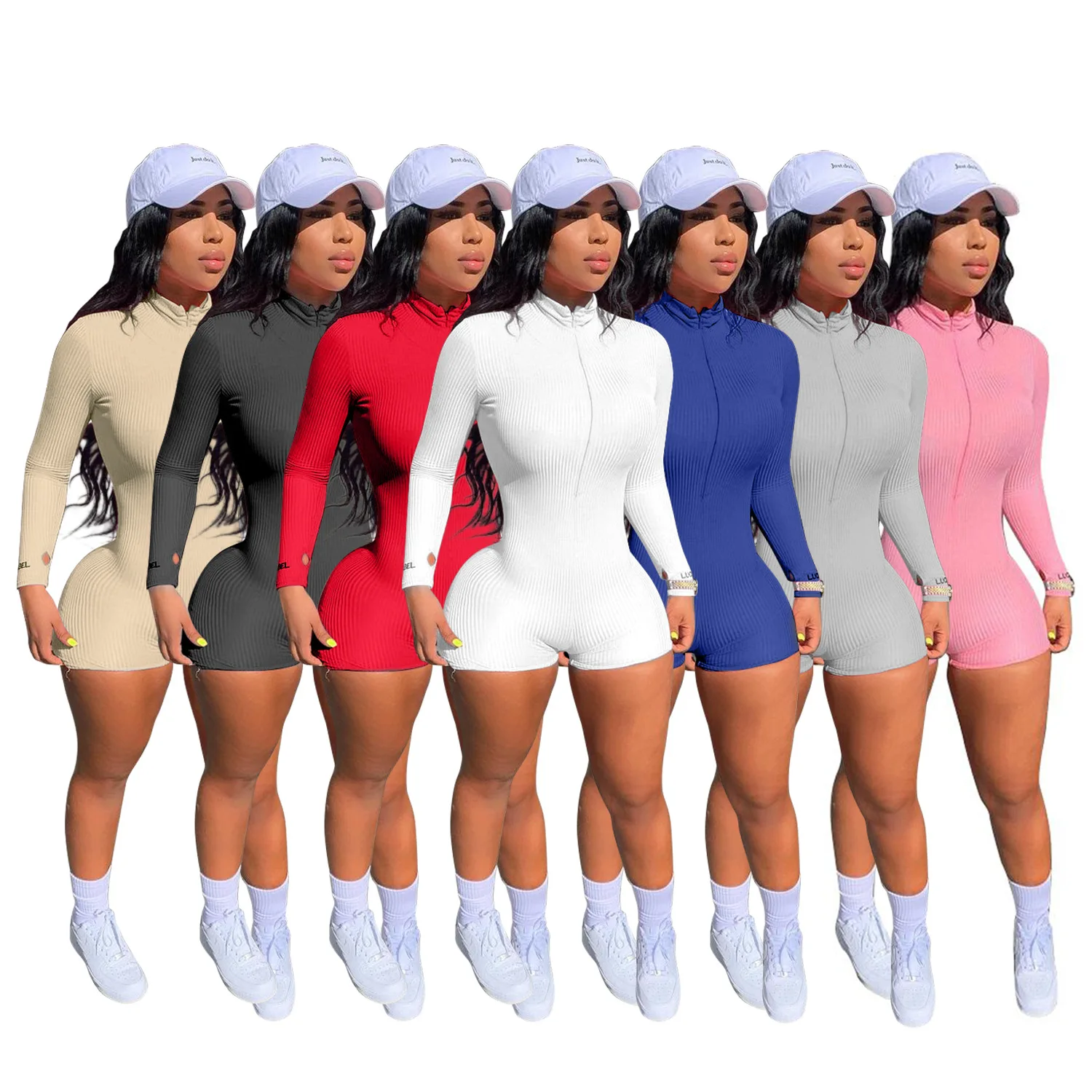 

Y1887 dropshipping autumn bodycon zippered jumpsuit 2021 ribbed jumpsuits for women casual long sleeve one piece jumpsuit