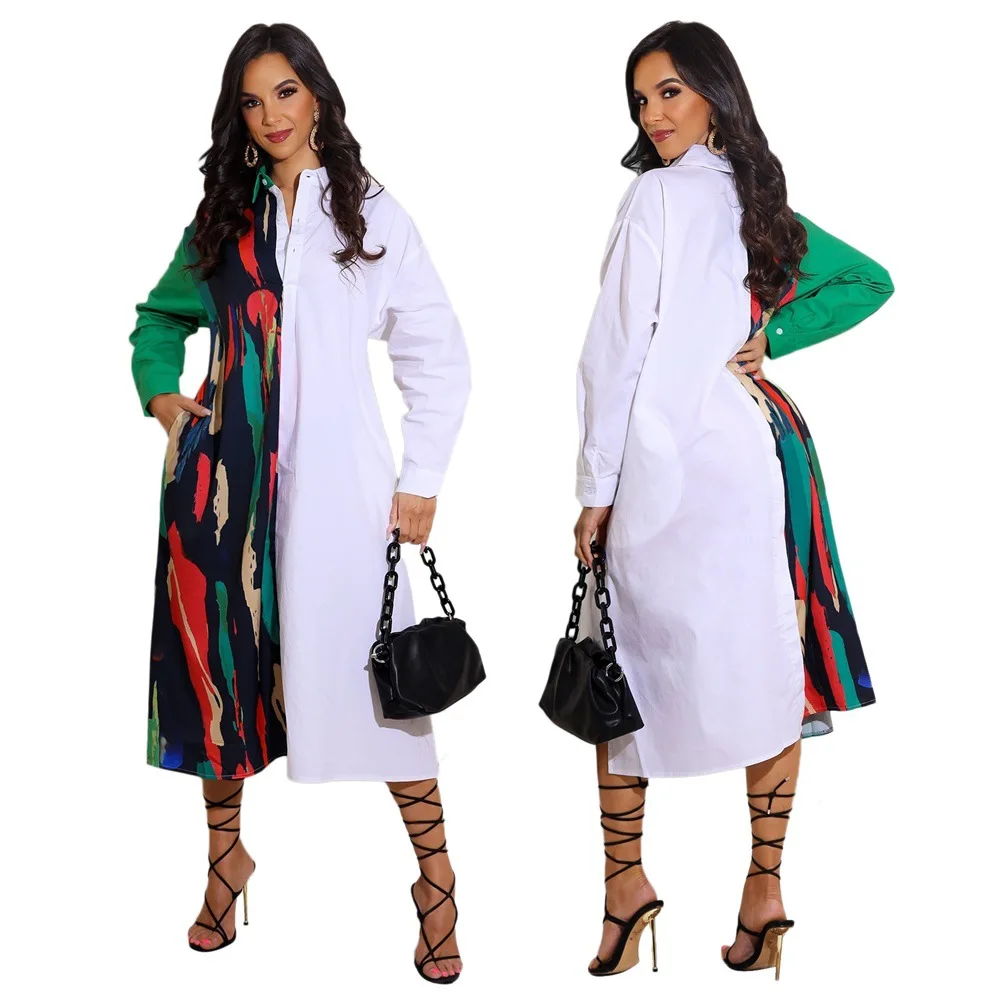 

Wholesale Autumn Ladies Loose Color Block Long Sleeve Printed Casual Women Fashionable Sexy Clothing Long Oversized Shirt Dress