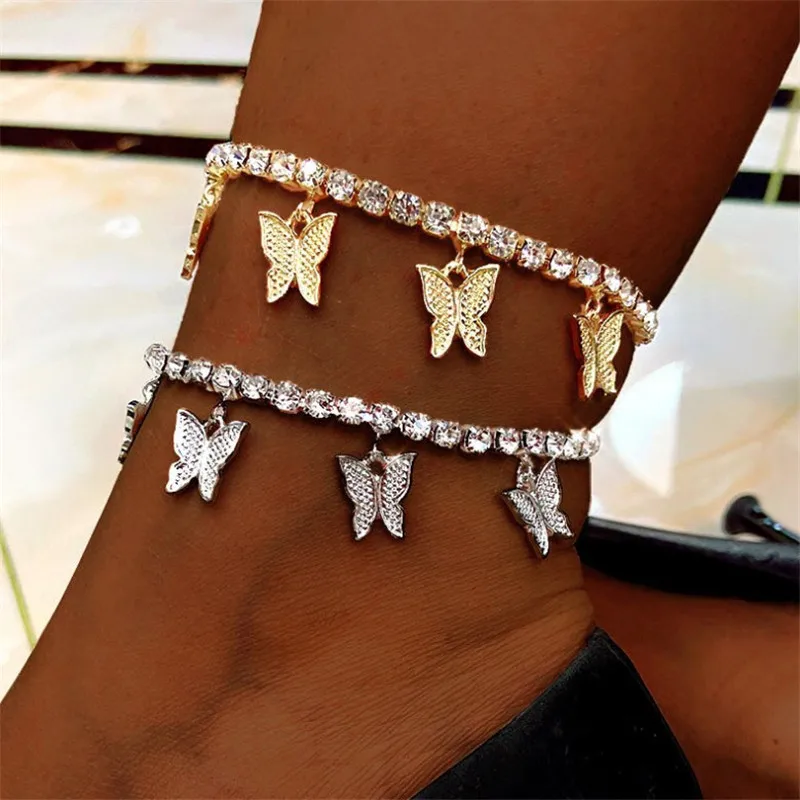 

Wholesale Crystal Stainless Steel Women foot Jewelry Bracelet Diamond Tennis Butterfly Anklet