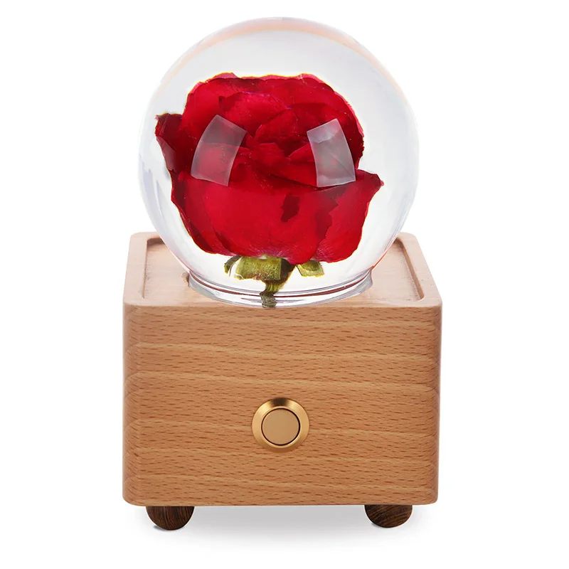 

Preserved Fresh Real Rose Flower Crystal Ball Wood Base LED Night Light Portable Mini BT Speaker For Valentine Gifts Girlfriend