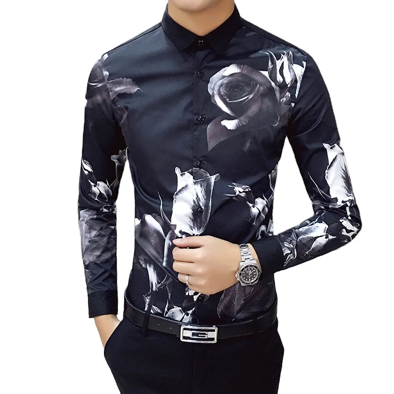 

Luxury Men's Print Shirt Brand Fashion Club Clothing Black Rose Pattern Digital Printing Shirt Slim Fit Long Sleeve Shirt
