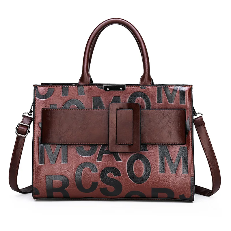 

New alphabet pattern handbag shoulder bag embossed large capacity strap satchel frame handbags, As picture shows