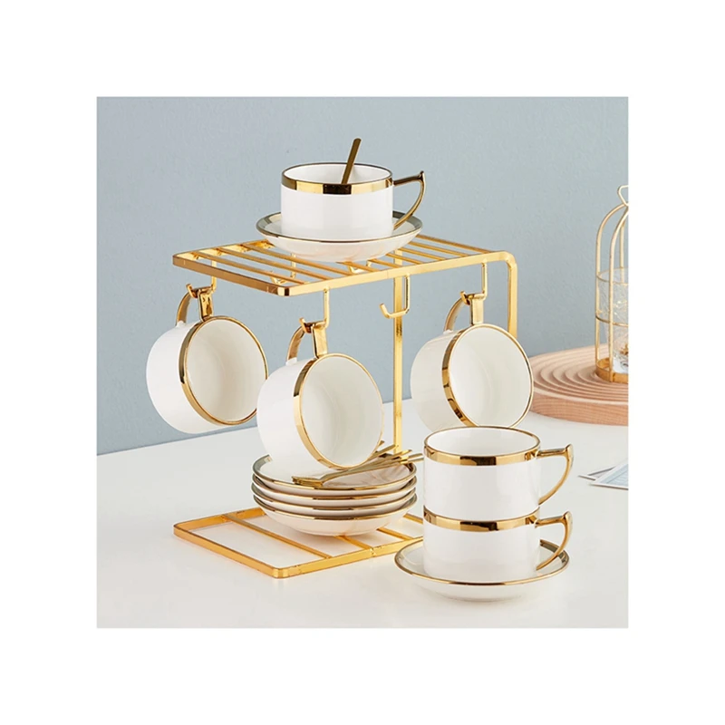 

19 Piece European Ceramic Tea Cup And Saucer Set With Metal Holder For Coffee And Tea