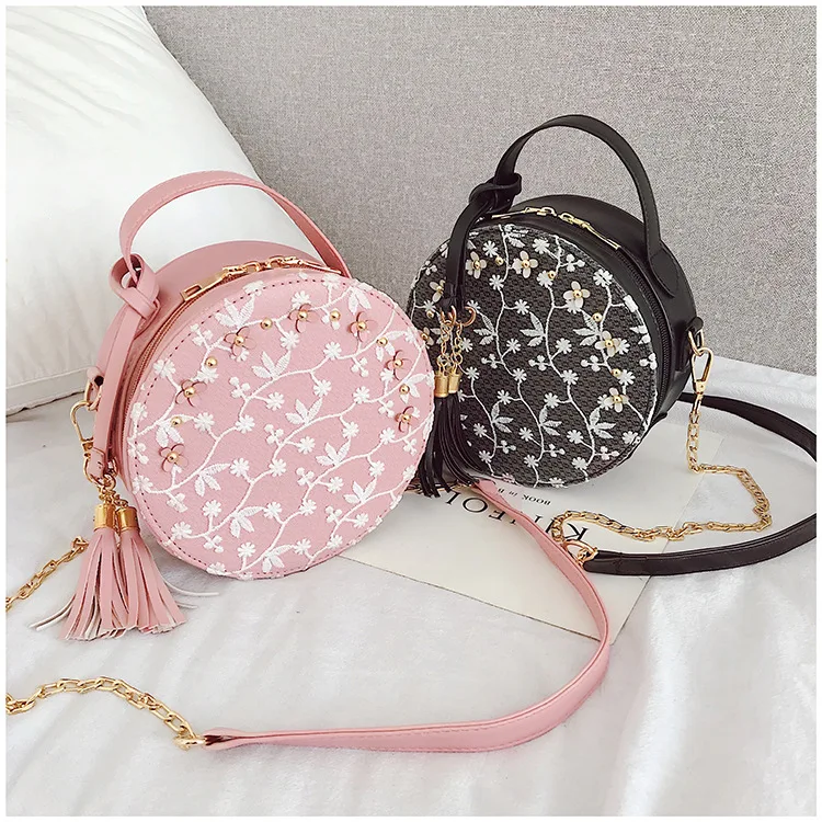 

2019 Ladies Fashion Lace Tassel Round Shape Shoulder Bags Flower Decoration Women Leather Handbags For Wholesale Womens Wallet, Customize