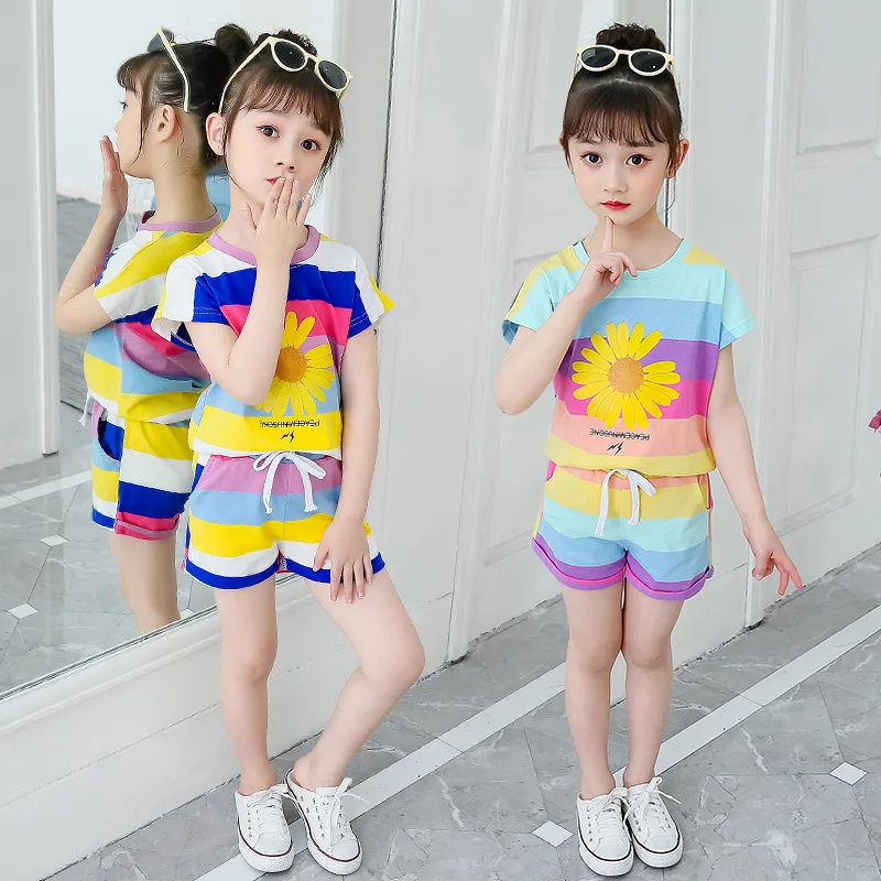 

big children's striped shorts two-piece suit girls' little daisy suit