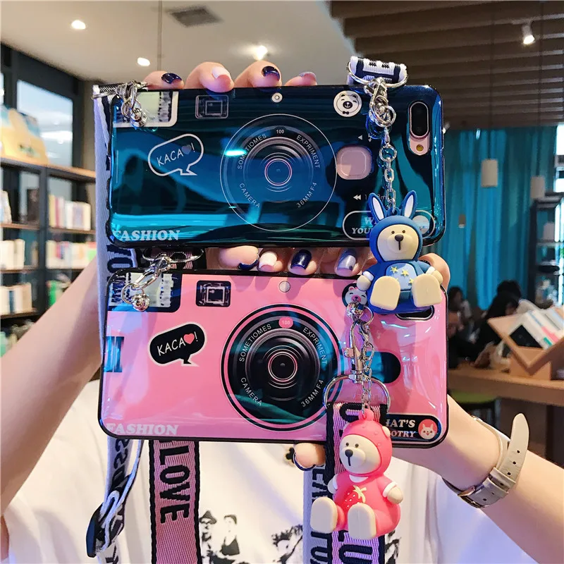 

IMD Blue Light 3D Cartoon Camera Crossbody Lanyard Phone Case For iPhone 12 11 Pro Max Bracket TPU Cover With Straps, Mix