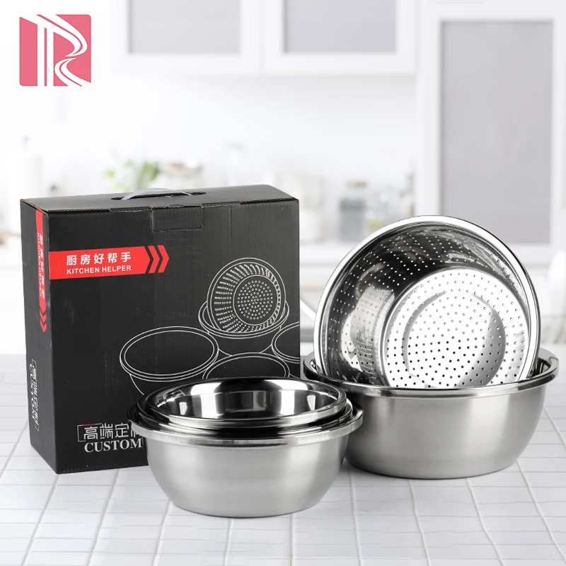 

RONGYE Wholesale stainless steel mixing bowl set multi function salad mixing bowl with stirring filter for kitchen