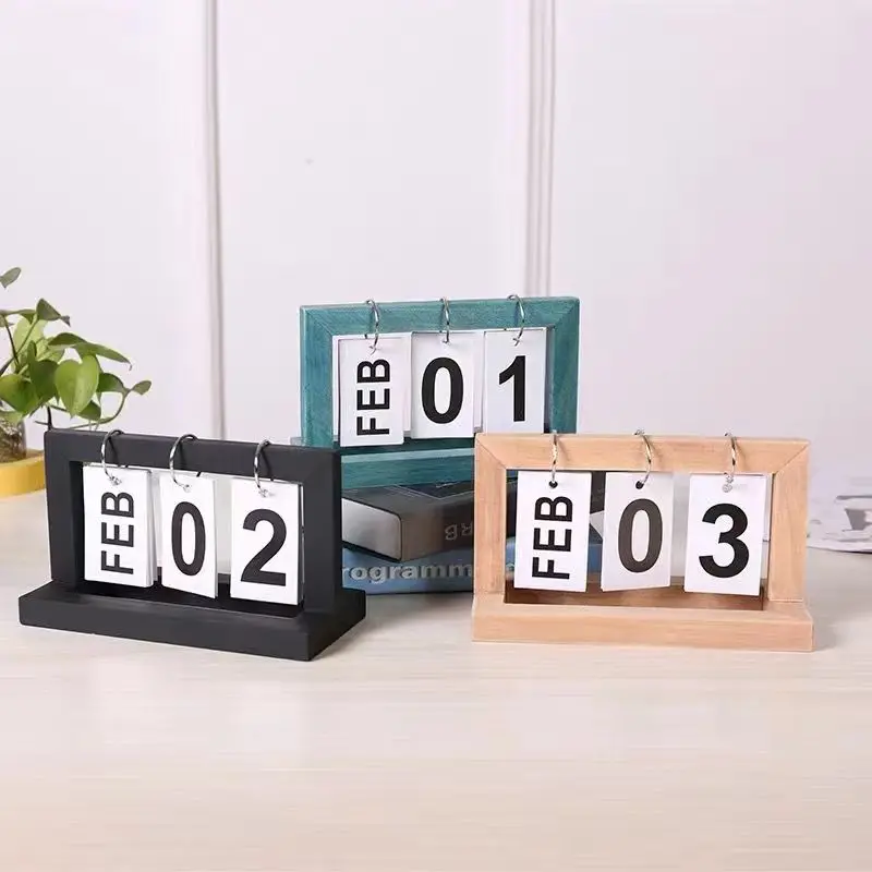 12*20.5*9cm Nordic Creative Wooden Manual Page Turning Calendar Ornaments Office Desktop Decoration Date Card Photo Props