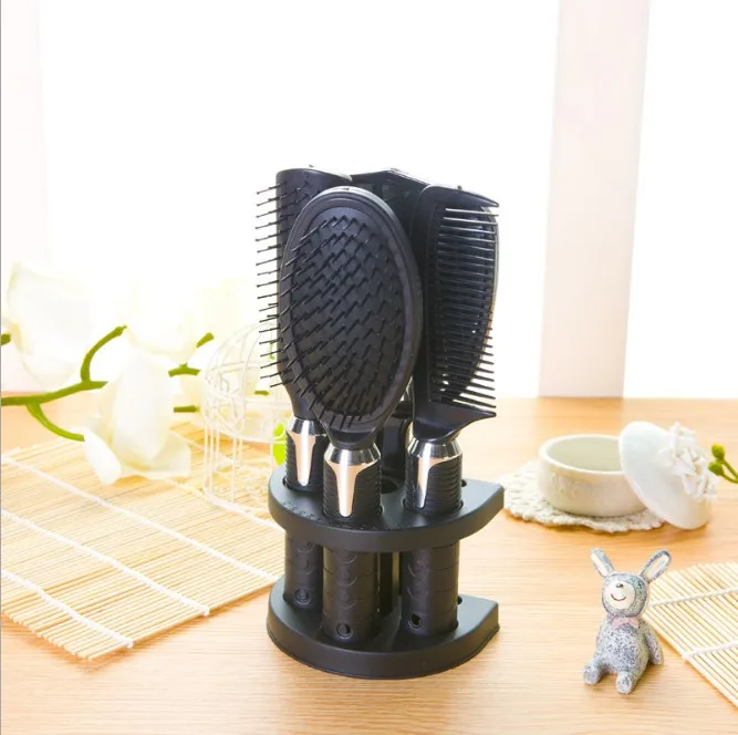

4 Pcs Hair Comb Set - Professional Salon Styler Hair Brushes Gift Set Tool with Mirror And Holder Stand Hair Care Massage Brush