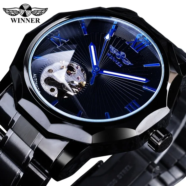 

Winner 2021 Men Black Stainless Steel Fashion Blue Hands Mens Mechanical Watch Top Brand Luxury Dial Luminous Hands Clock, 4-colors