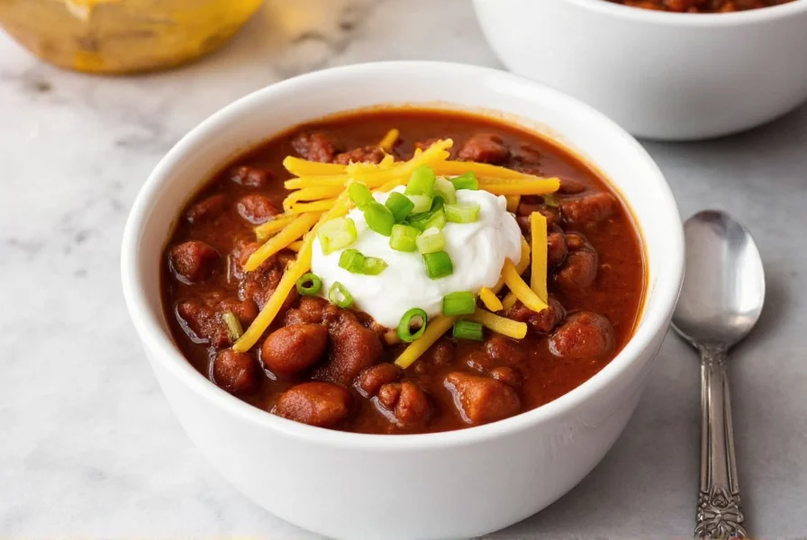 Finished crock pot chili served in bowl with cheese, sour cream, and green onions