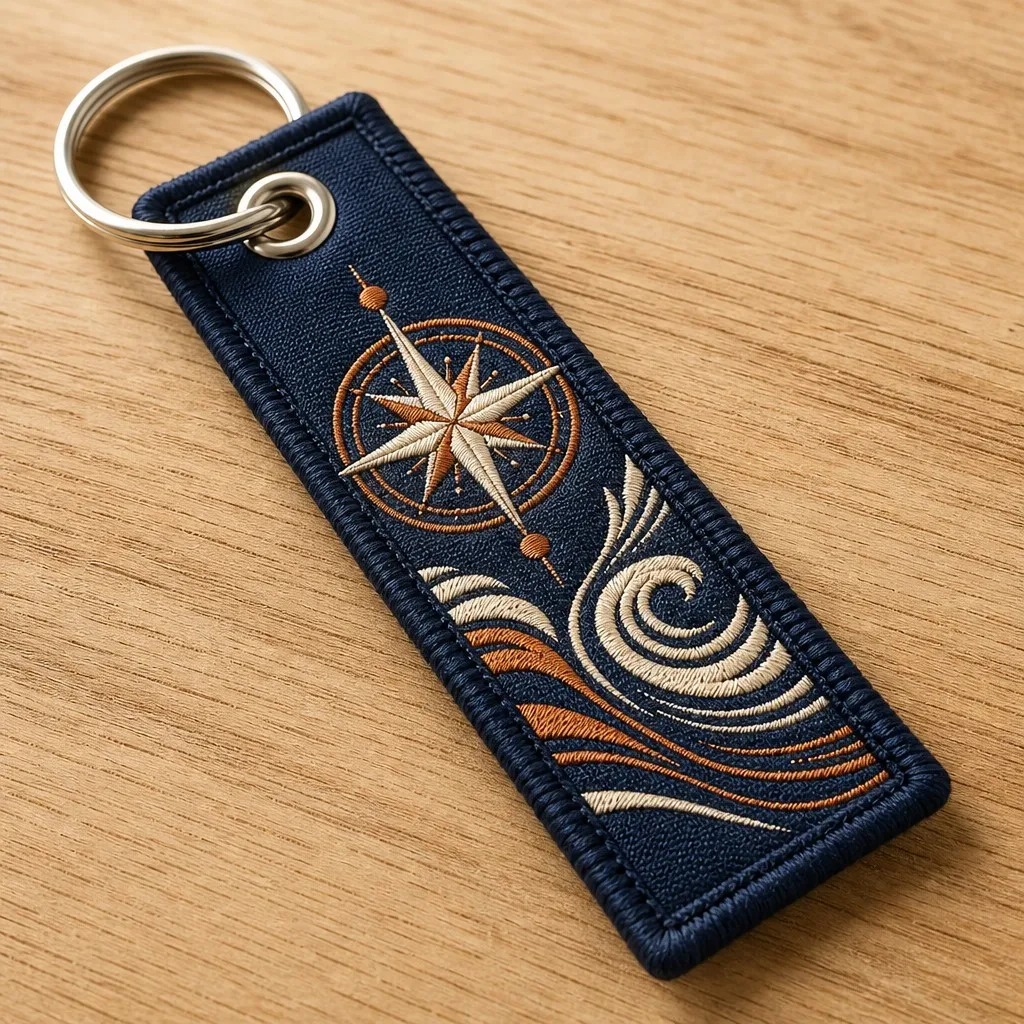 High-Density Embroidered Woven Flight Tag Keychain with Compass Motif