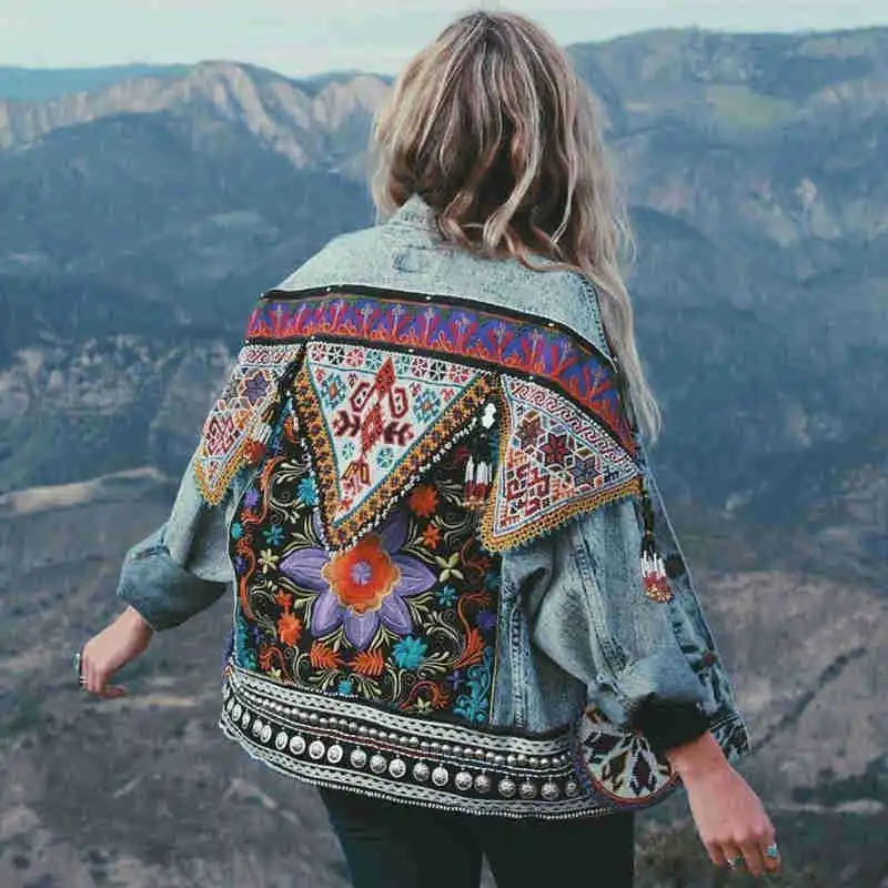 

2021 Womens Embroidery Aztec Jackets Long Sleeve Loose Casual Jean Top Beaded Bohemian Holiday Retro Denim Jacket Retro Coats