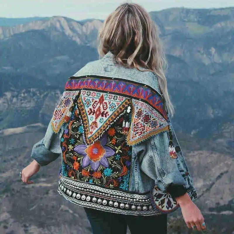 2021 Womens Embroidery Aztec Jackets Long Sleeve Loose Casual Jean Top Beaded Bohemian Holiday Retro Denim Jacket Retro Coats