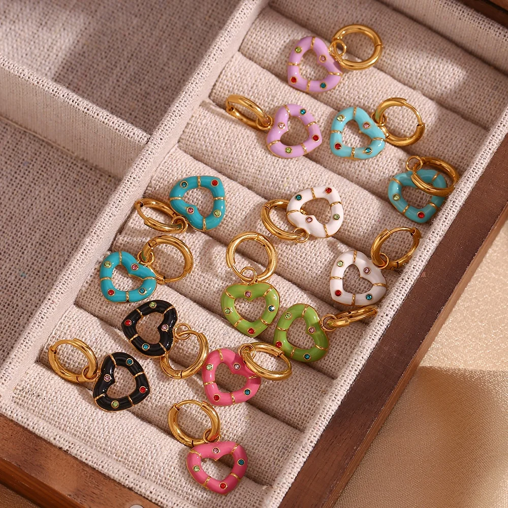 

Christmas Jewelry Cute Enamel Heart Earring Gold Plated Drop Earring Waterproof Stainless Steel Jewelry