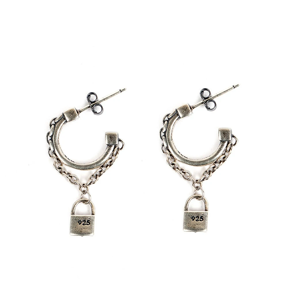 

Silver tone chain lock and key stud creative tassels cute charm earrings