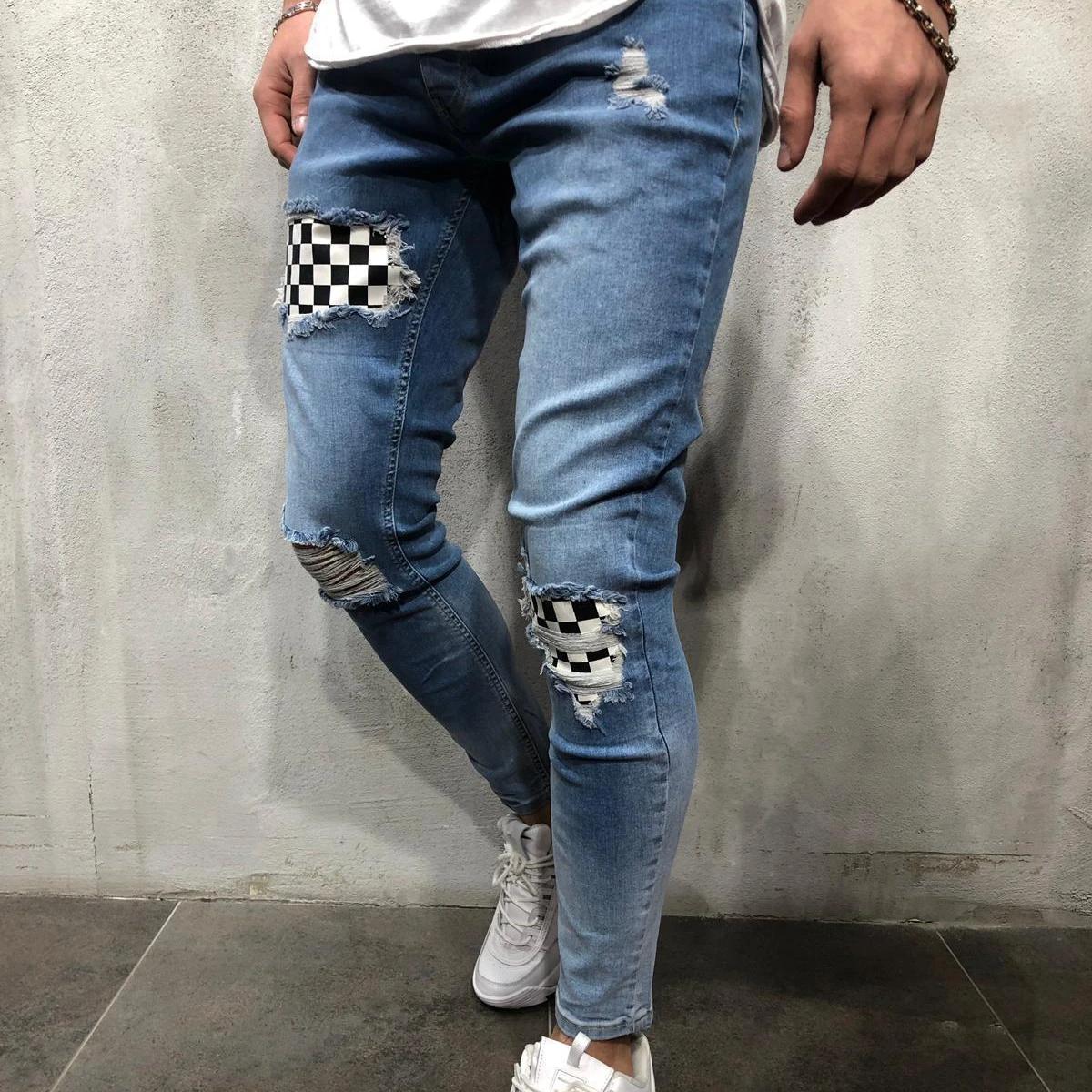 

Distressed Jeans Mens Tapered Wholesale Mens Ripped Jeans Grid Patch Mens Jeans Skinny