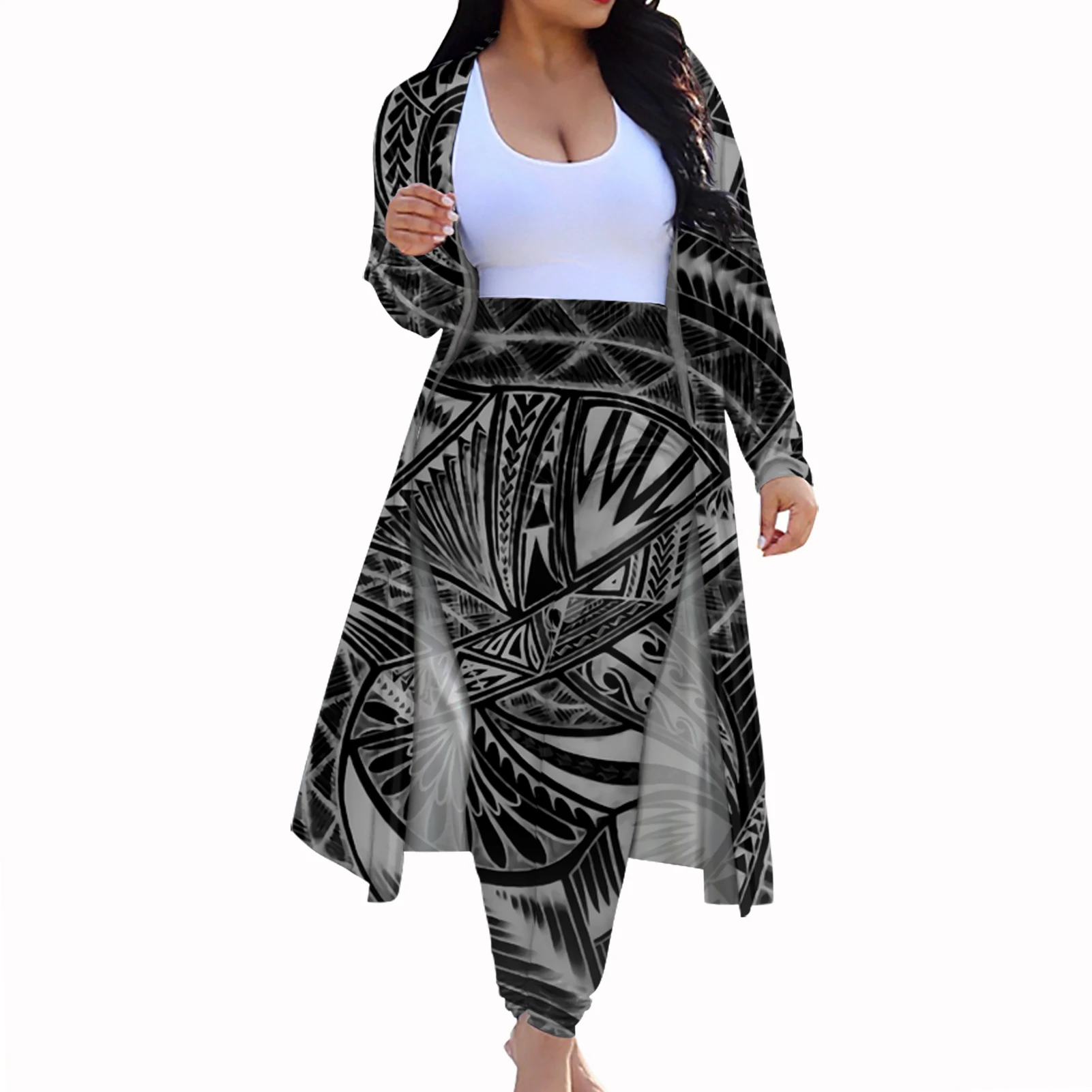 

Retro European and American Style Polynesian Tribal Design Womens Floral Print black Cardigan Trench Coat & Skinny Long Pants, Customized color