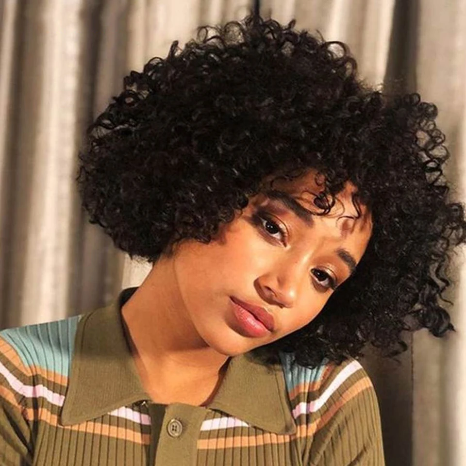 

Joedir Cheap Kinky Curly Bob Wigs With Bangs Short Curly Wigs For Women Remy Pre Plucked Brazilian Human Hair Wigs