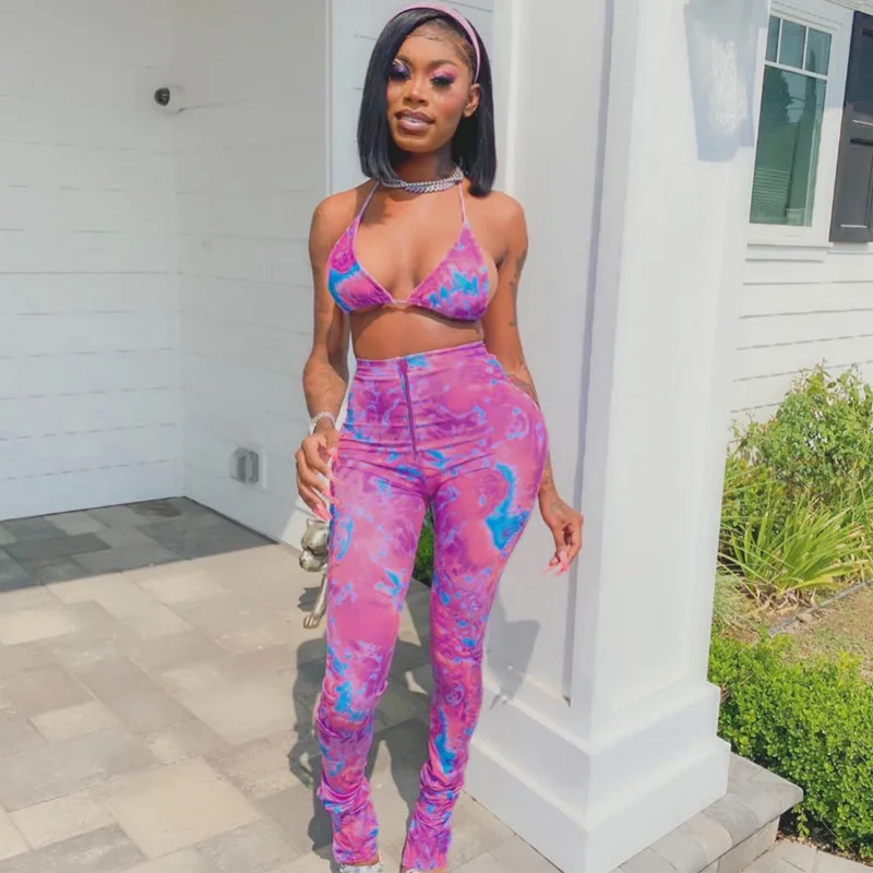 

Dvacaman Summer 2021 Fashion New Arrivals Casual 3 Color Women Sexy Crop Top Bandage Bra 2 Piece Print High Waist Pant Set